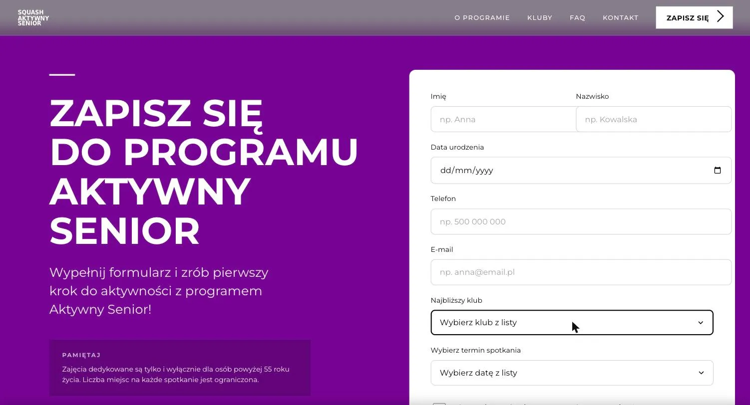 Formularz zapisów na stronie programu — pole „Najbliższy klub", z listy wybierz Atras Squash Club (Kraków)